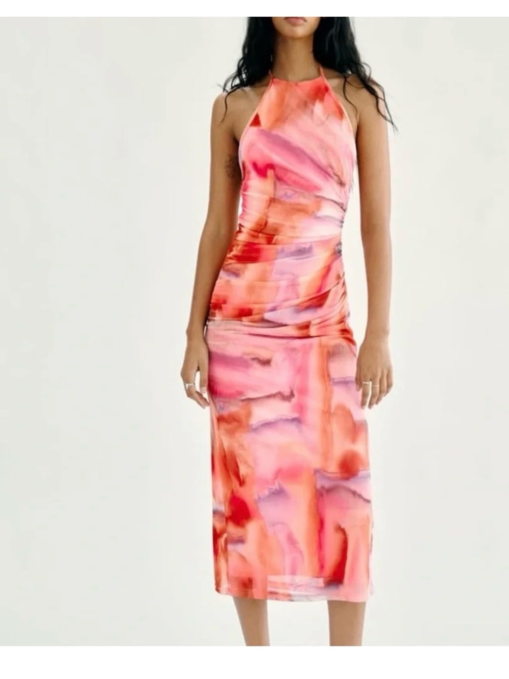 Zara Coral Pink Orange Watercolor Draped Maxi Dress